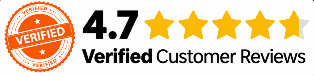 A sturdy badge featuring an orange Verified stamp, five yellow stars lined up like beams in a steel frame, a bold 4.7 rating front and center, and the words Verified Customer Reviews—all set against a crisp white background, built to showcase trust just like quality barndominium work. - Barndominiums Arkansas