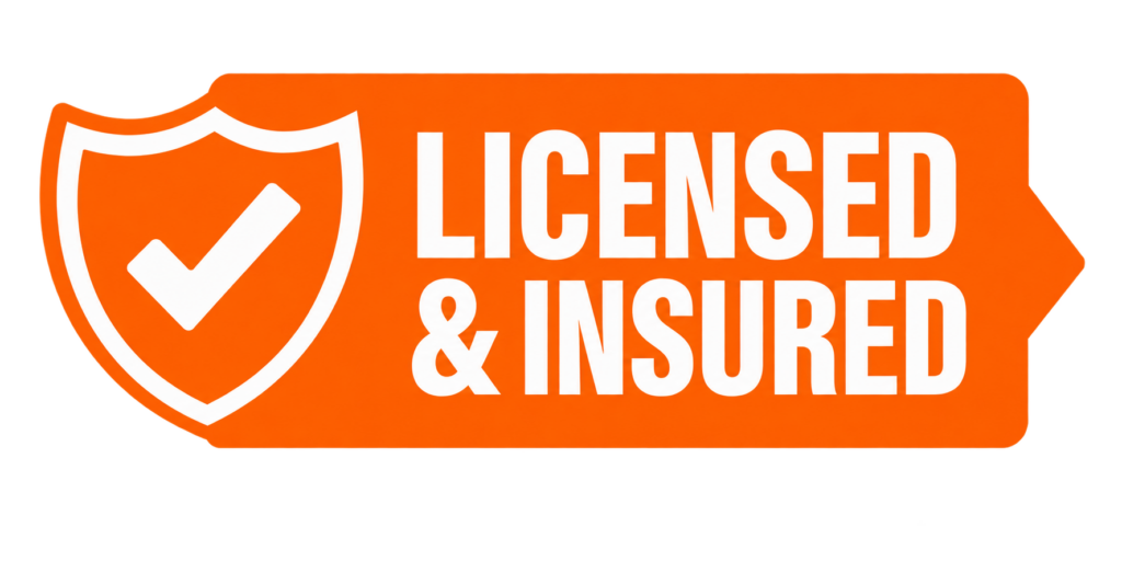 An orange badge featuring a white checkmark inside a shield sits to the left, while bold white letters state LICENSED INSURED on the right—a clear sign you’re working with a trusted barndominium builder. - Barndominiums Arkansas