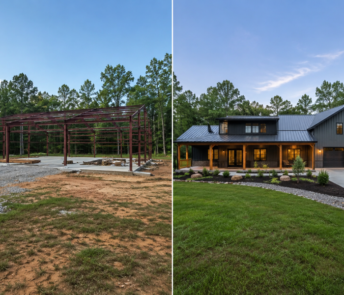 Side-by-side photos highlight the build process: on the left, you see a solid metal frame going up—the essential skeleton of a quality barndominium. On the right is the finished product—a spacious two-story home with a wraparound porch, attached garage, and professionally landscaped yard, all set among mature trees. - Barndominiums Arkansas