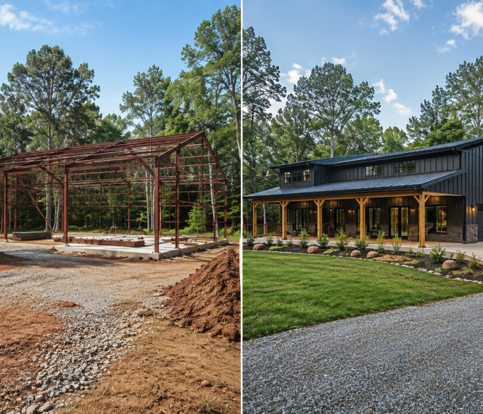 On the left, you’ve got a sturdy metal frame going up—classic barndominium build in progress. On the right, that same spot’s turned into a finished modern black barndo with a covered porch and sharp landscaping, both nestled right out in the woods. - Barndominiums Arkansas